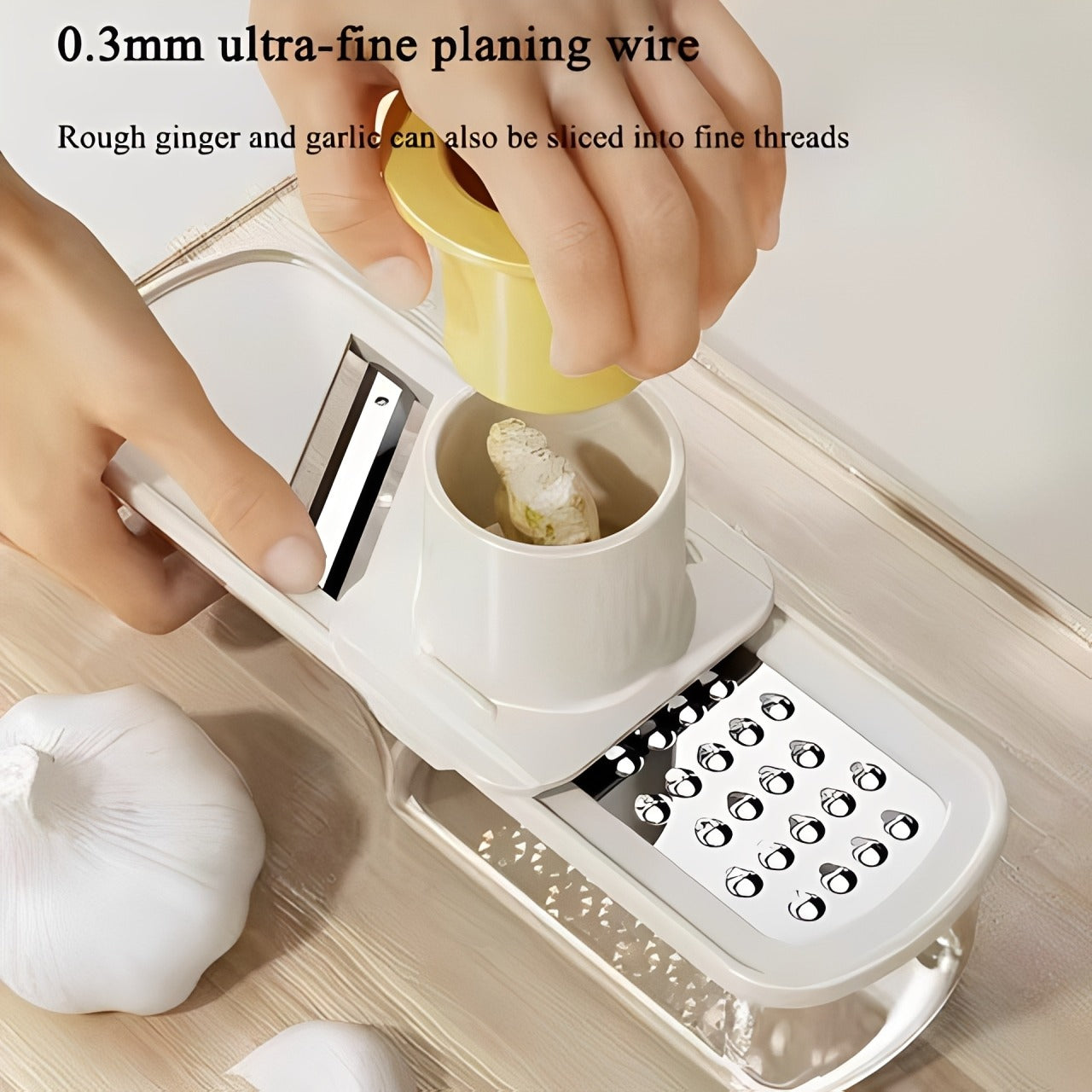 A Person is Slicing Ginger Using 3-in-1 Triple Mini Slicer.