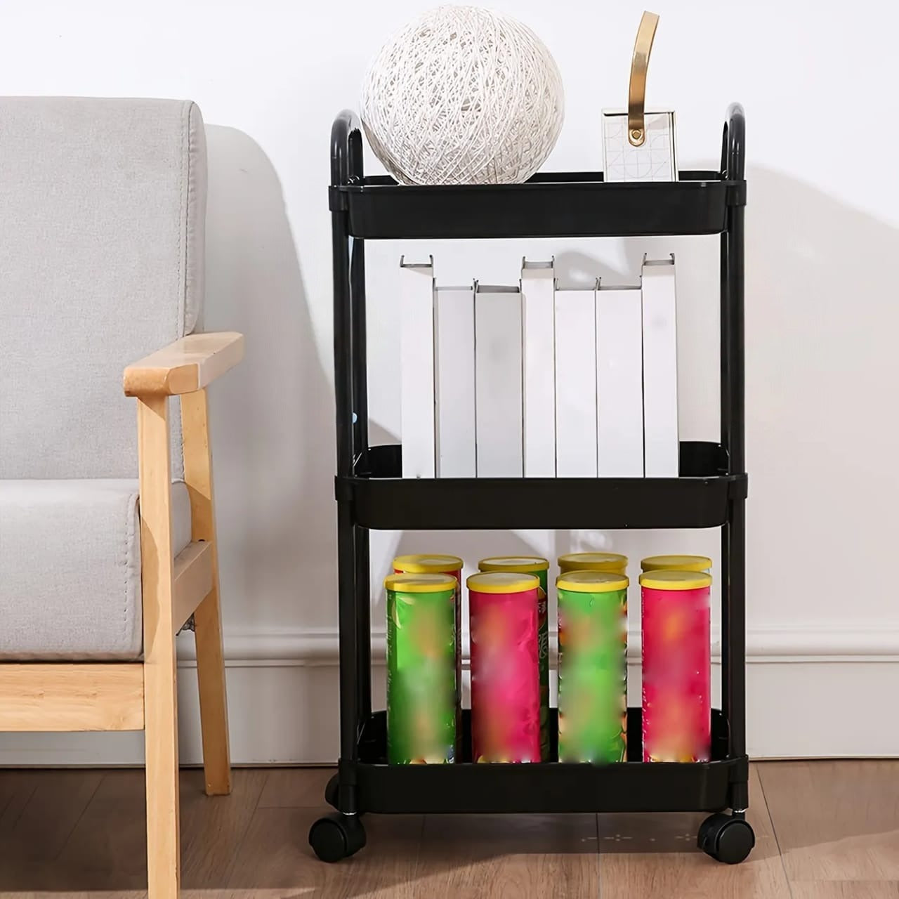 A 3-tier Trolley Cart is Organized with Some Essentials.