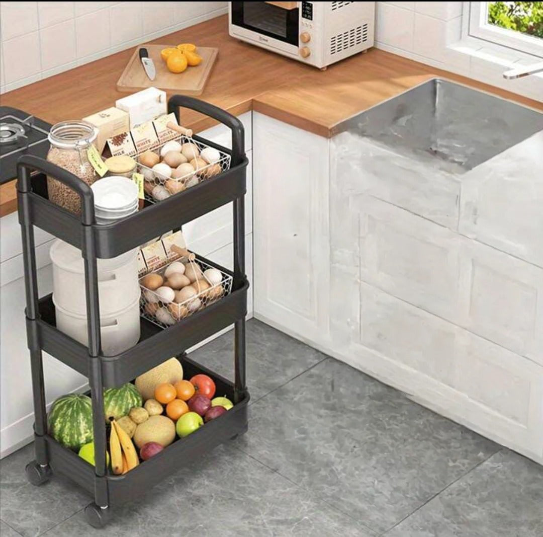 A 3-tier Trolley Cart is Organized with Vegetables.