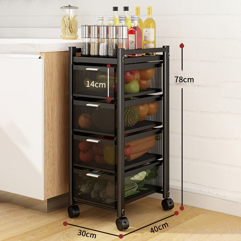 Size Of Multi-Layer Drawer Kitchen Trolley Rack Organized With Fruits and Vegetables.