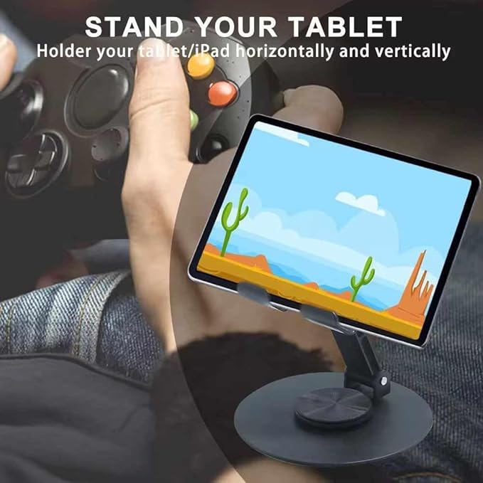 360° Rotating Metal Phone & Tablet Stand holding Tablet being used in a car with a desert-themed app displayed on the screen.