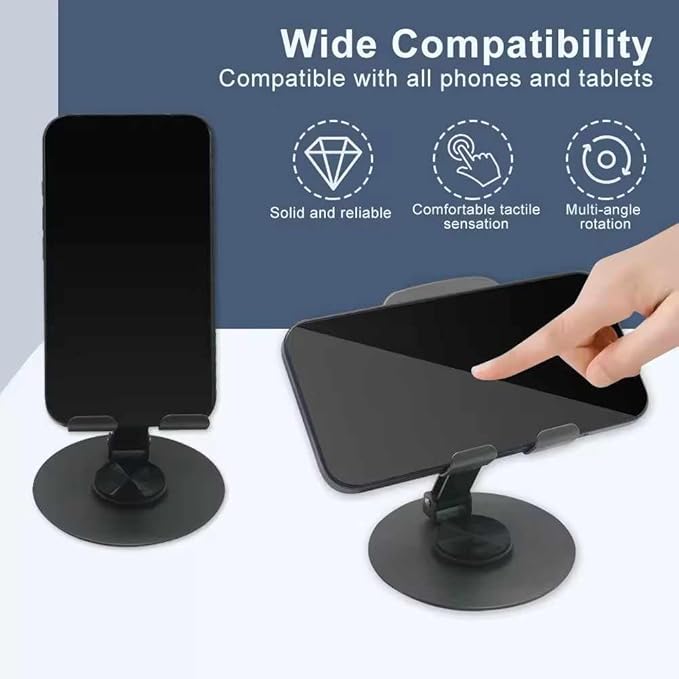 360° Rotating Metal Phone & Tablet Stand with wide compatibility text and icons on a white background