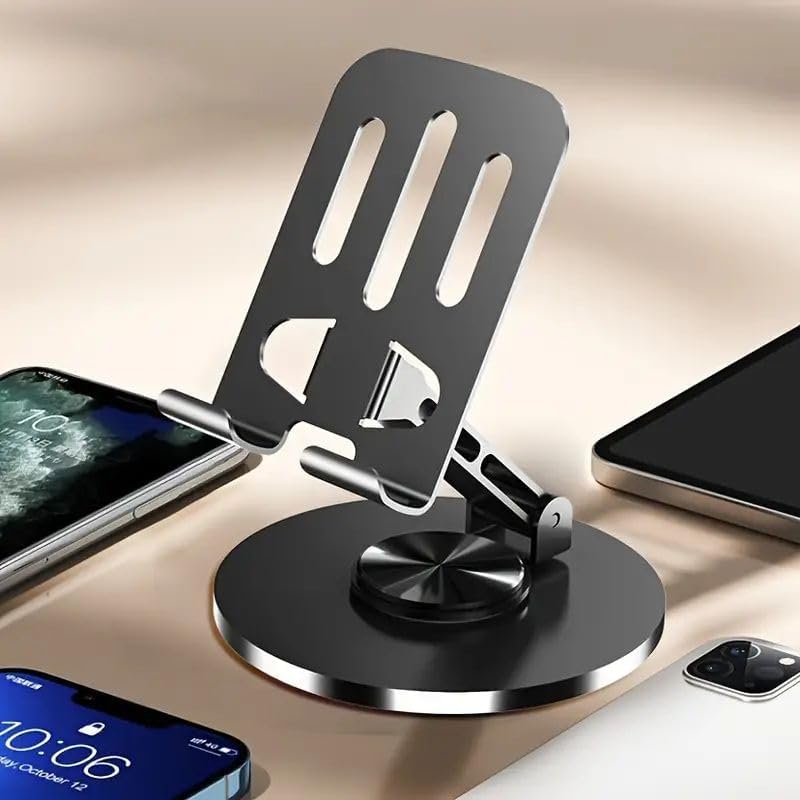 360° Rotating Metal Phone & Tablet Stand Placed between multiple smartphones on a light wooden surface