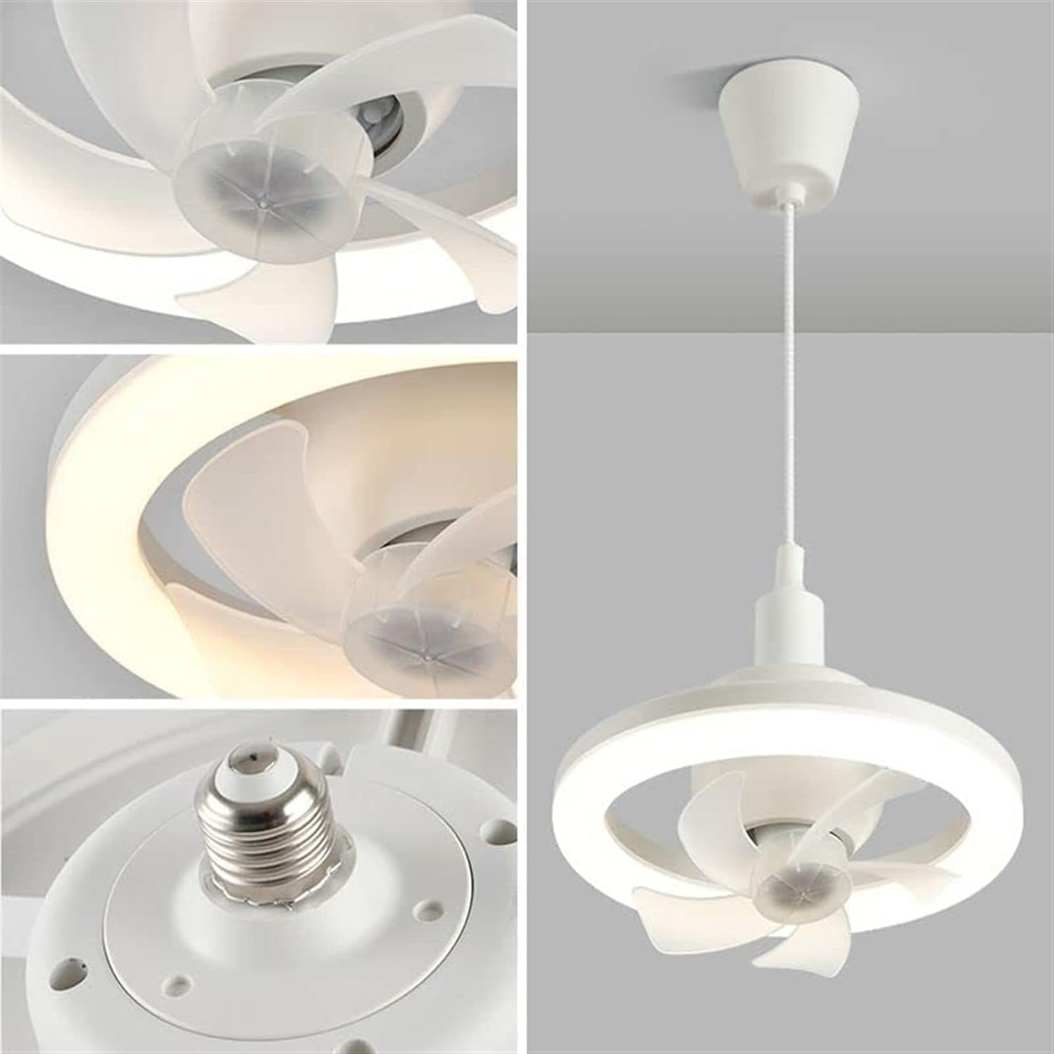 A close-up view of a 360° Rotation LED Fan Light hanging from a ceiling.