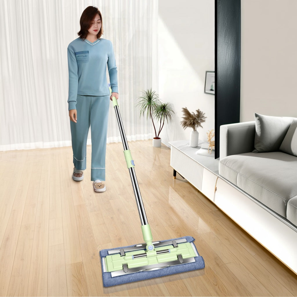 A Woman is Cleaning Floor Using 360° Telescopic Flat Mop.