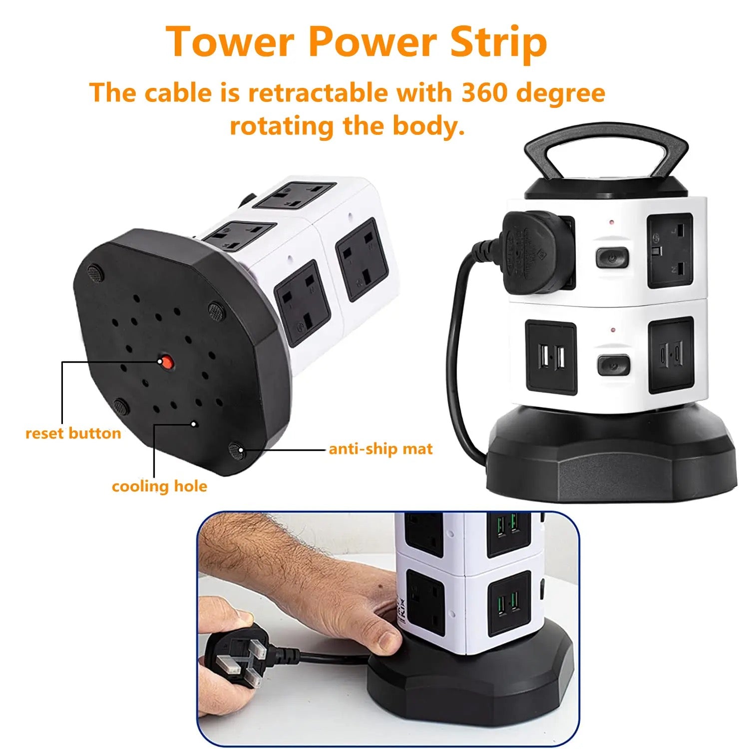 Vertical Socket Power Strip Surge Protector Extension with USB Ports