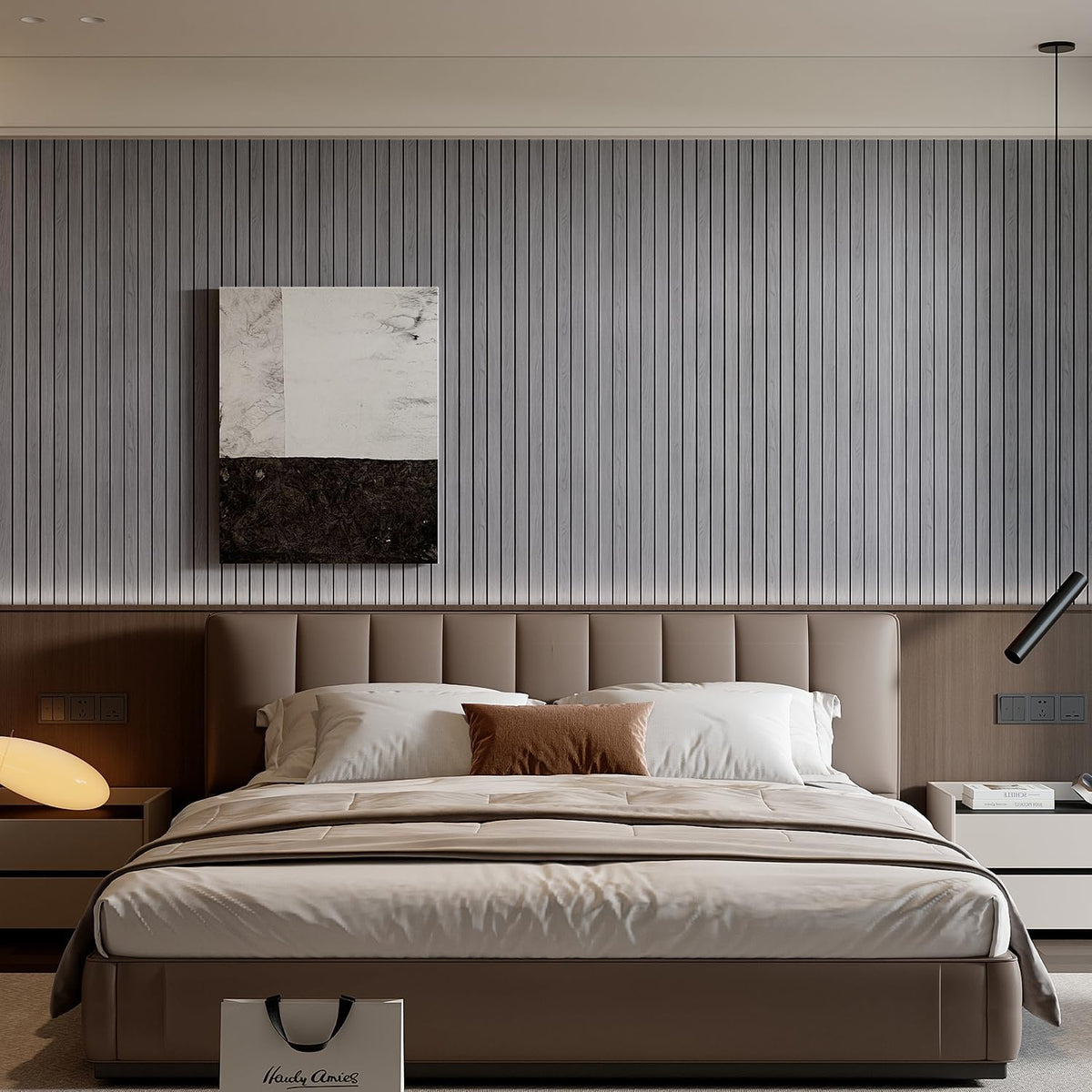 The image shows a modern interior wall featuring vertical 3D decorative panels, creating a textured and stylish look with soft ambient lighting and minimalist decor.