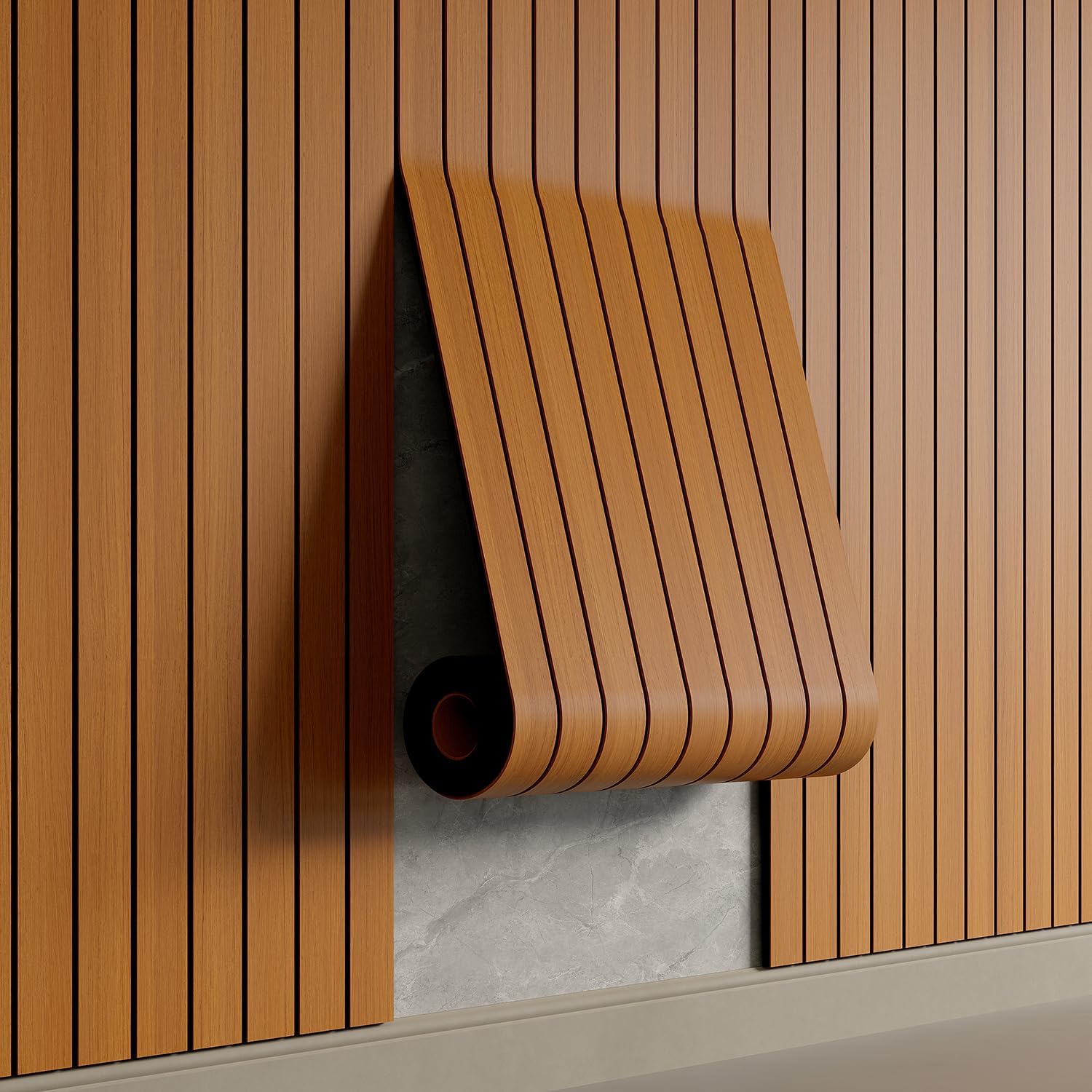 The image shows a modern interior wall featuring vertical 3D decorative panels.