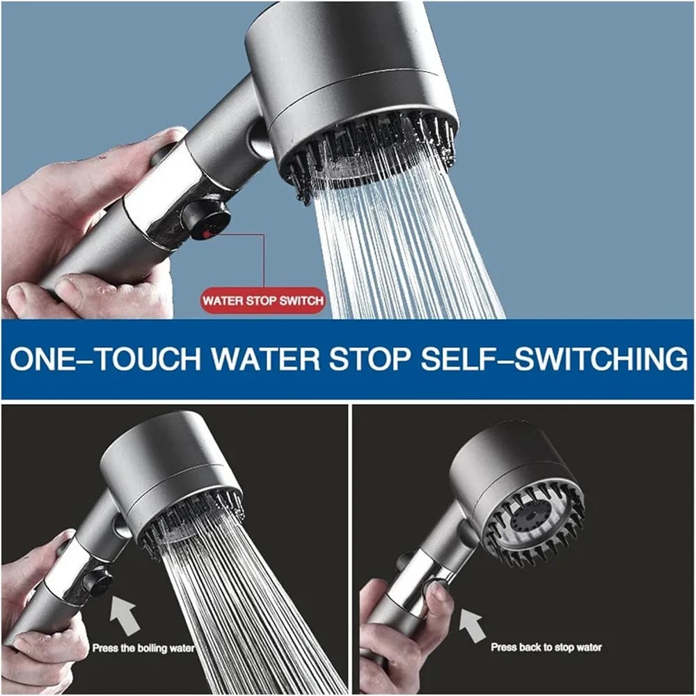 A Person is Operating 3 Modes High Pressure Shower Head.