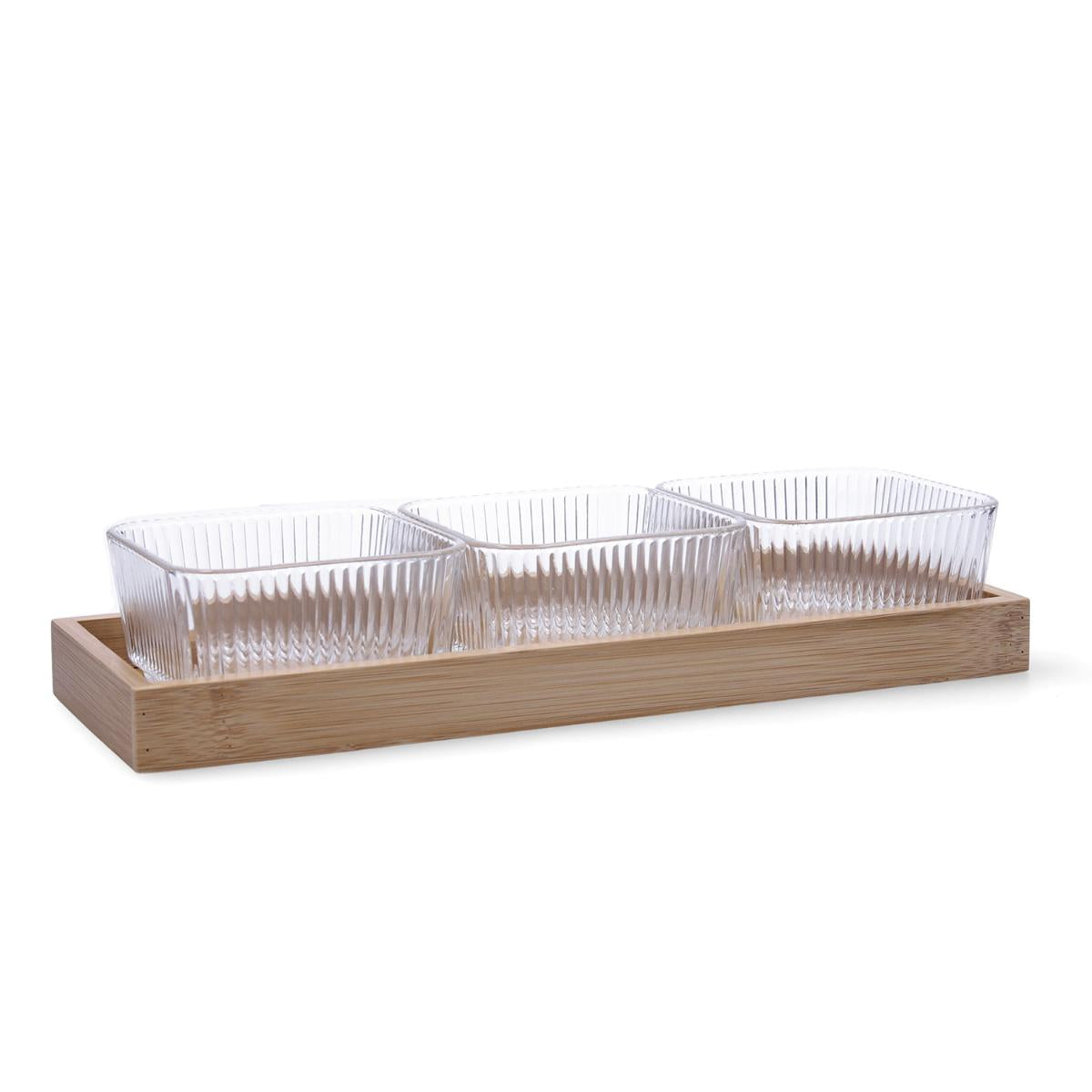 Rectangular wooden tray with three clear glass bowls on a white background