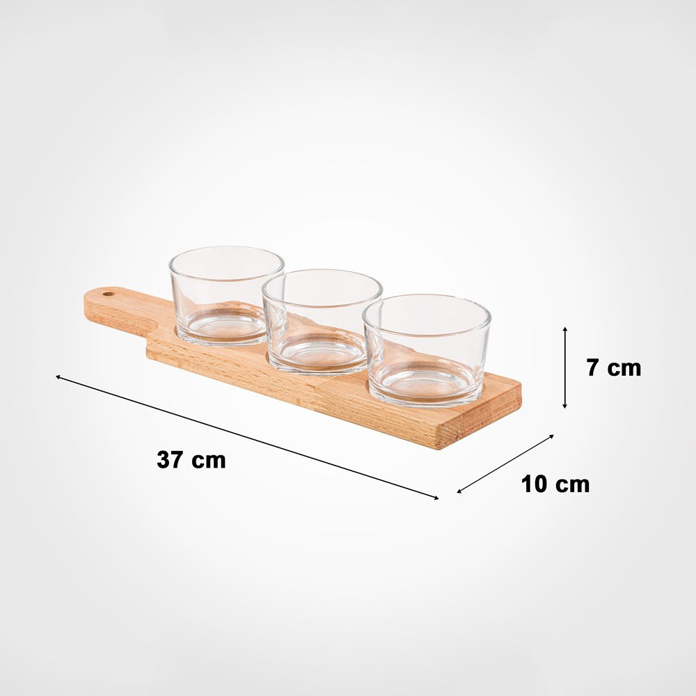Size Of 3 Section Snack Bowl Serving Tray with Wooden Base.