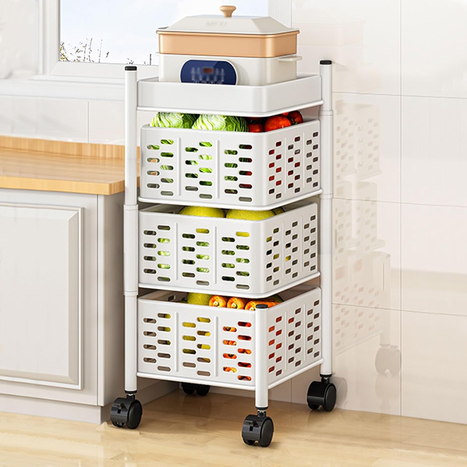 A 3 Tier Rotating Storage Kitchen Rack Shelf with Veggies are Placed at Kitchen Corner.