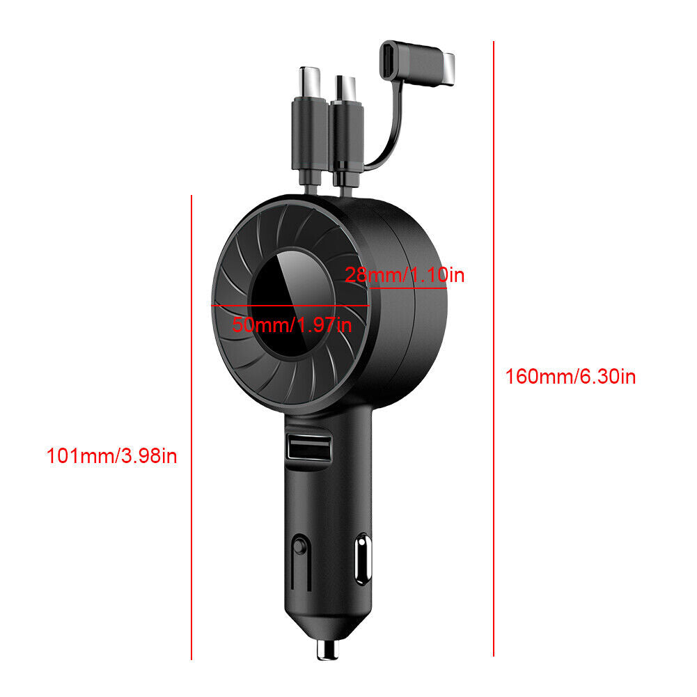 3 in 1 Retractable Cable Multi Charging Car Charger Adapter with its size