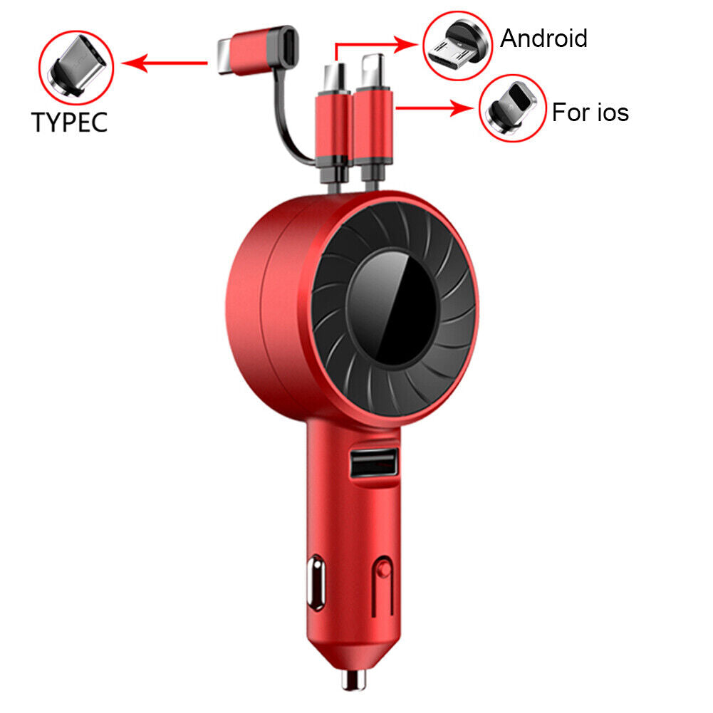 3-in-1 Retractable Cable Multi-Charging Car Charger Adapter with different functionality