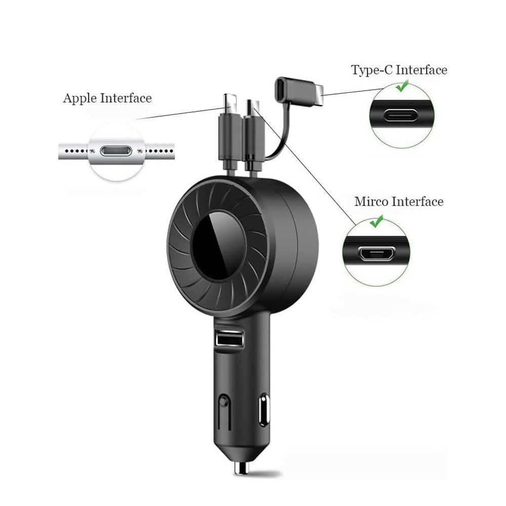 3-in-1 Retractable Cable Multi-Charging Car Charger Adapter with different ports