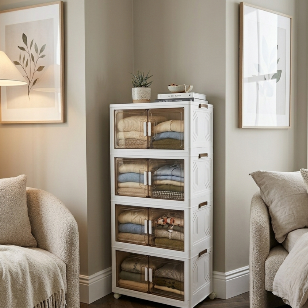 A 4-Tier Foldable Storage Cabinet with Clothes Placed on the Corner of a room.