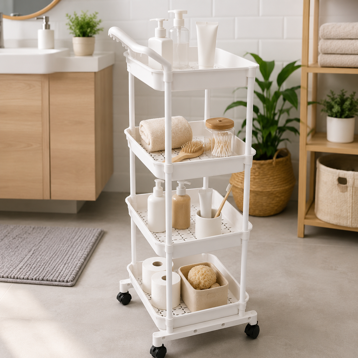 4-Tier Rolling Storage Cart in a bathroom with various items on shelves