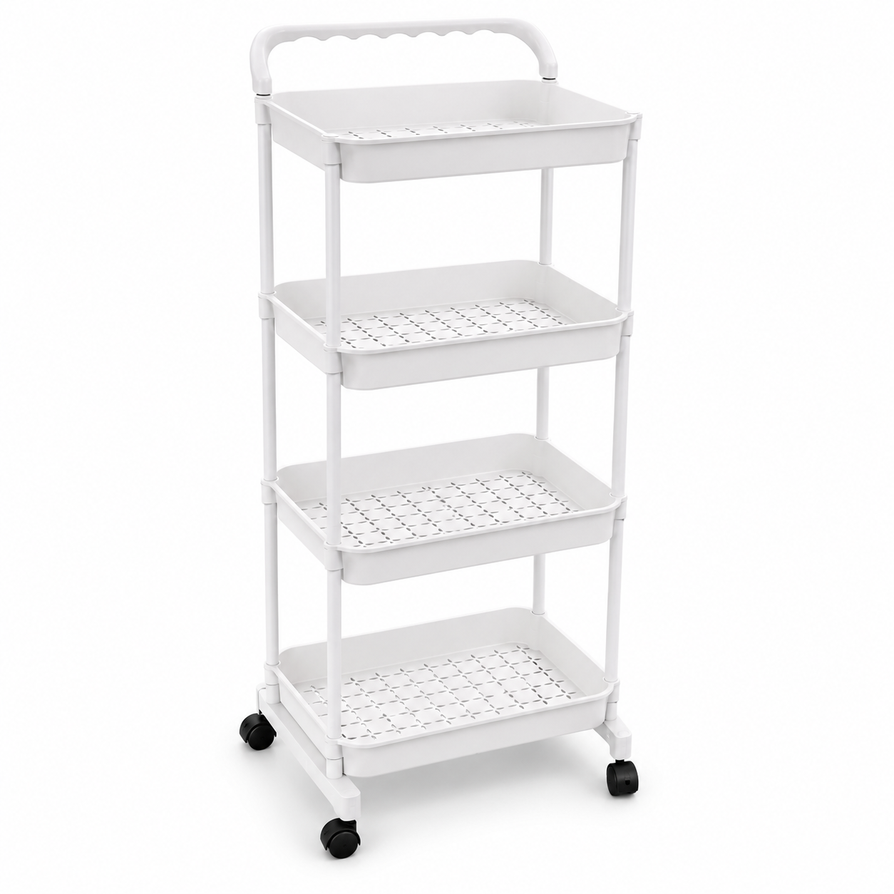 White 4-tier rolling cart with shelves on a white background