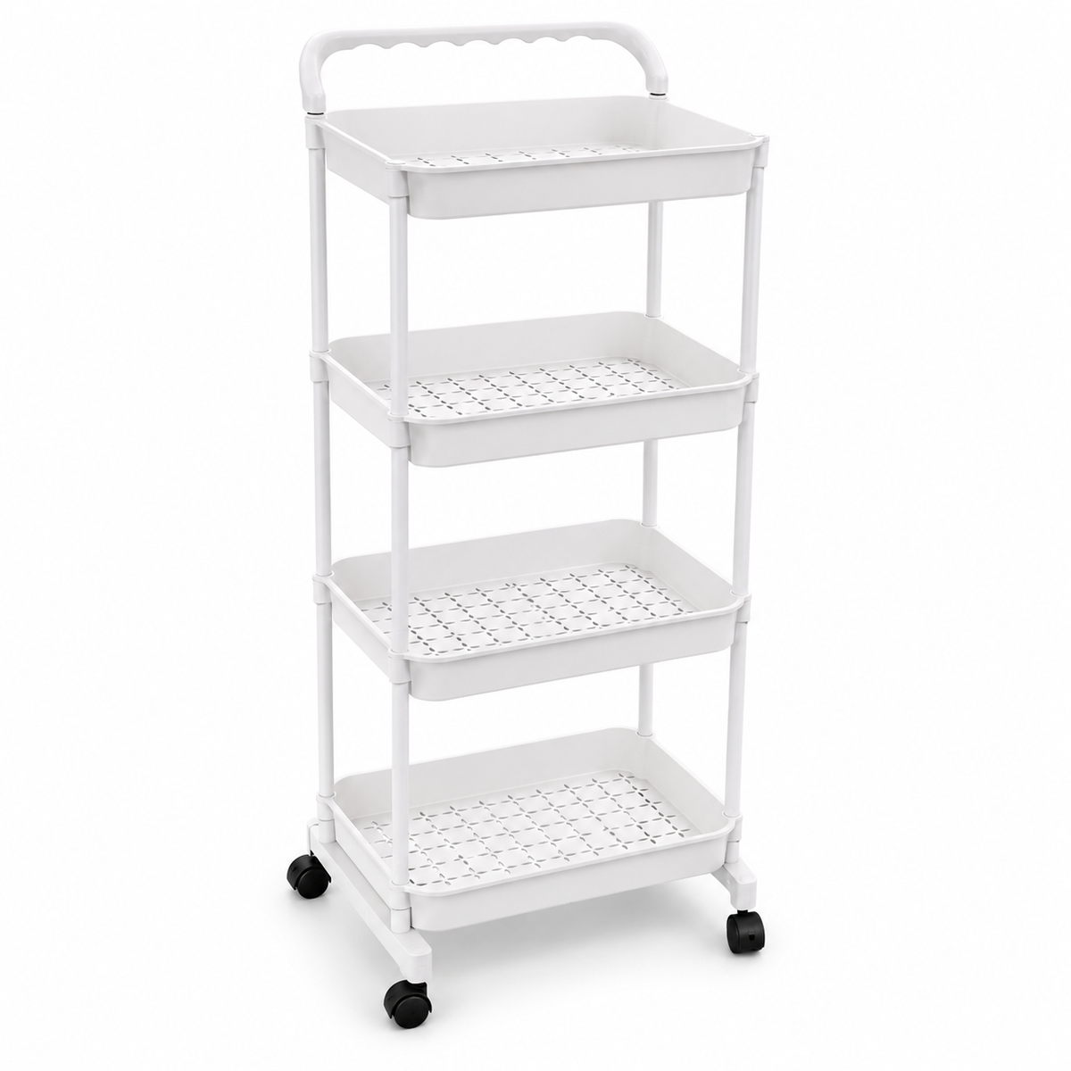 White 4-tier rolling cart with shelves on a white background