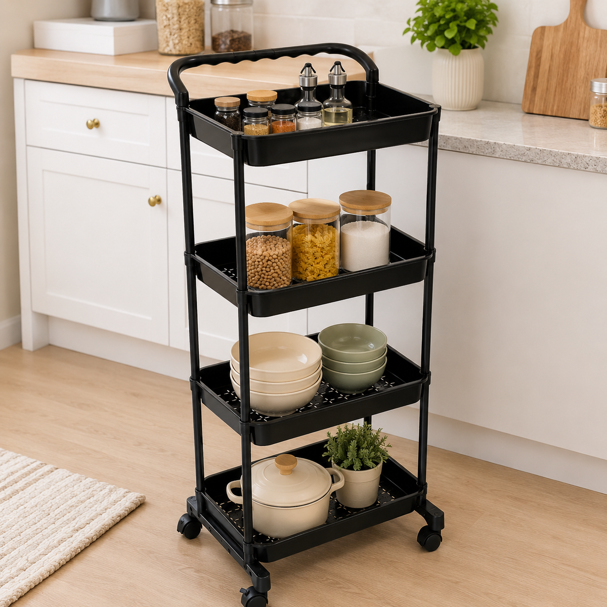 4-Tier Rolling Storage Cart with kitchen items in a home setting