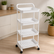 4-Tier Rolling Storage Cart in a kitchen setting with plants and cabinets.