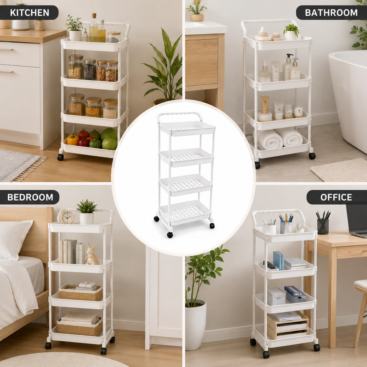 4-Tier Rolling Storage Cart shown in various settings including a kitchen, bathroom, bedroom, and office.