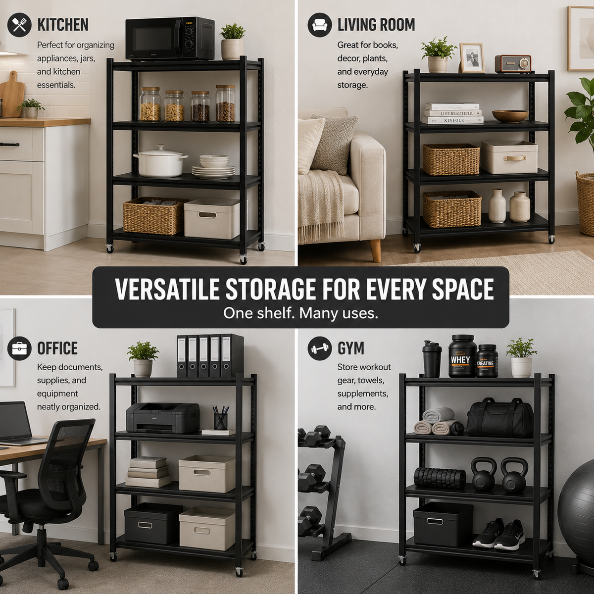 4-Tier Rolling Storage Shelf Organizer is used at multiple setting.