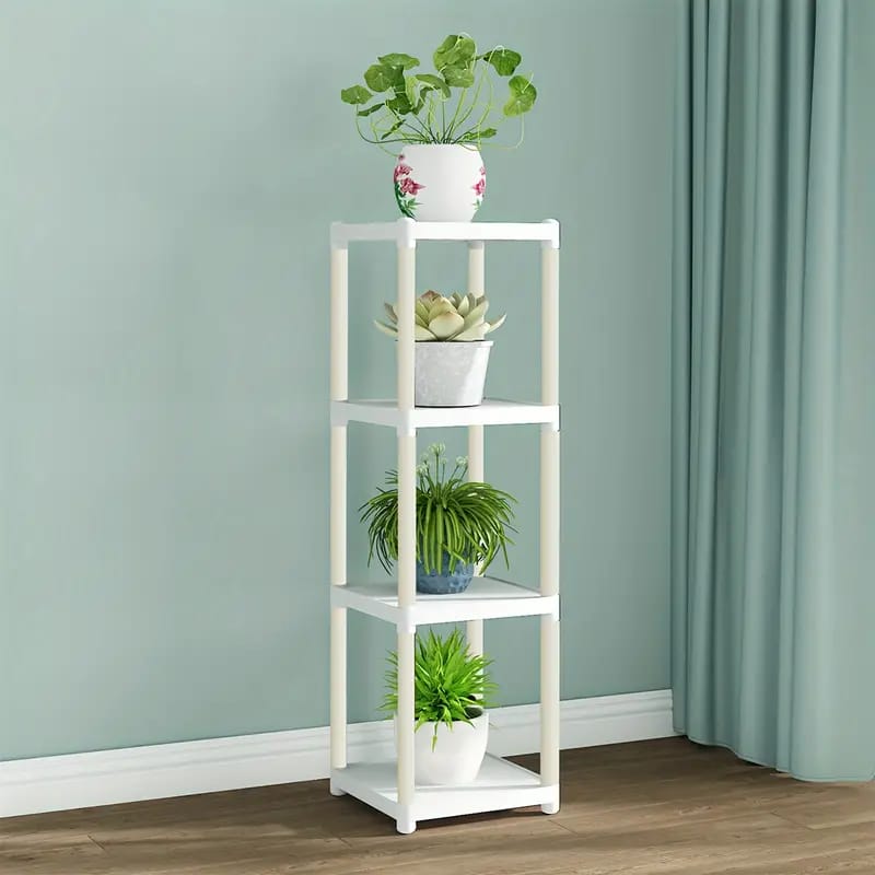 4- Tier Flower Rack Stand With Plants Are Arranged On it.