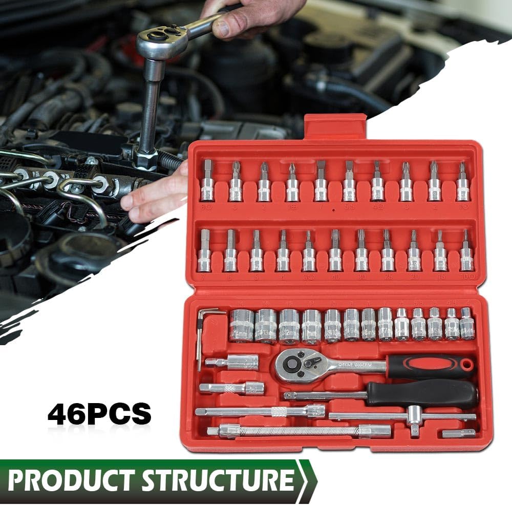 46 Pieces 1/4-Inch Drive Socket Ratchet Wrench Set on a car engine background