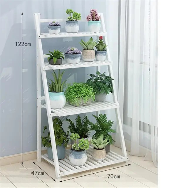 The 4-Layer Foldable Indoor Wooden Plant Stand is elegantly arranged with various plants with its size