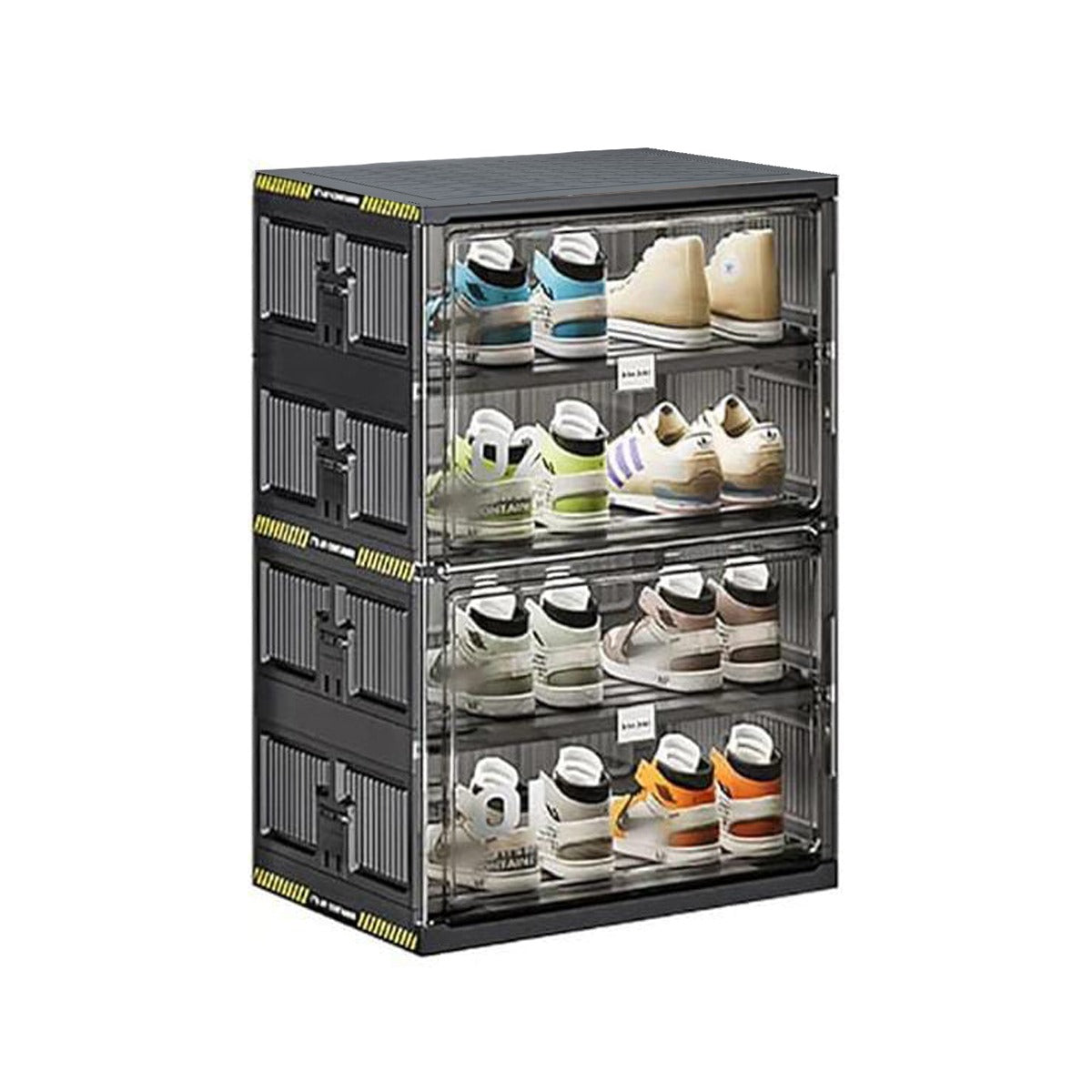 4 Layer Foldable Shoe Rack Storage Cabinet With Shoes are Arranged On it.