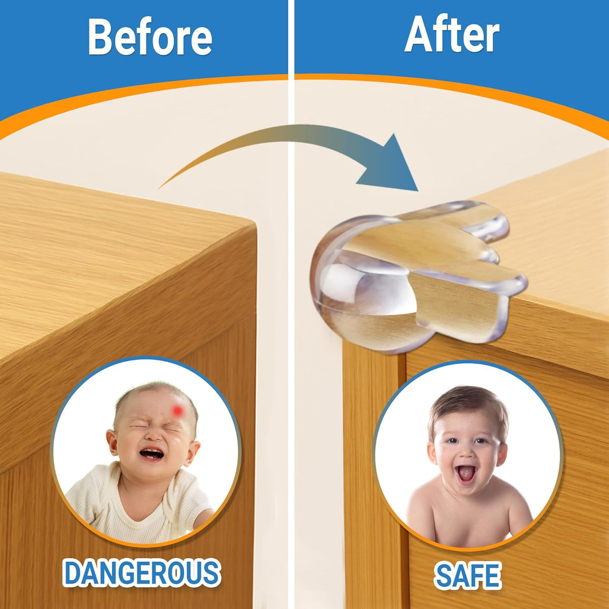 Before and after comparison of a child near a sharp edge with a safety corner protector.