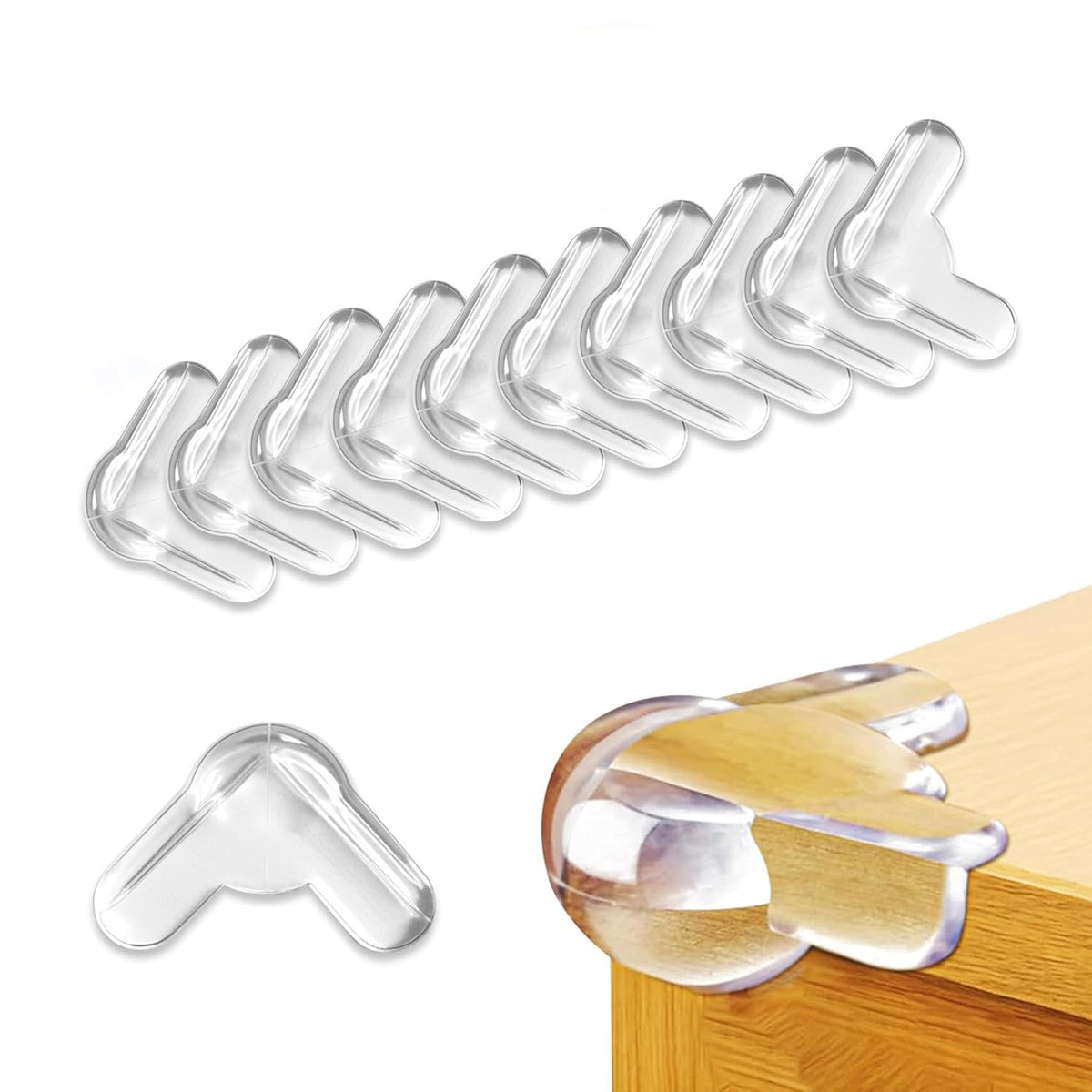 Clear L-shaped corner protectors on a white background with a close-up of one being used on a wooden surface.