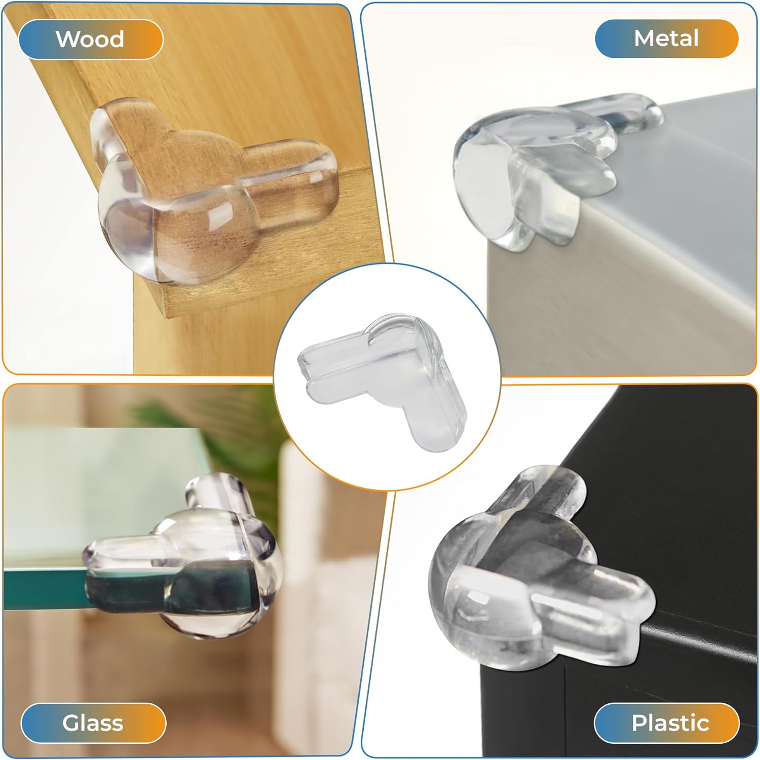 Clear corner protectors on various surfaces including wood, metal, glass, and plastic.