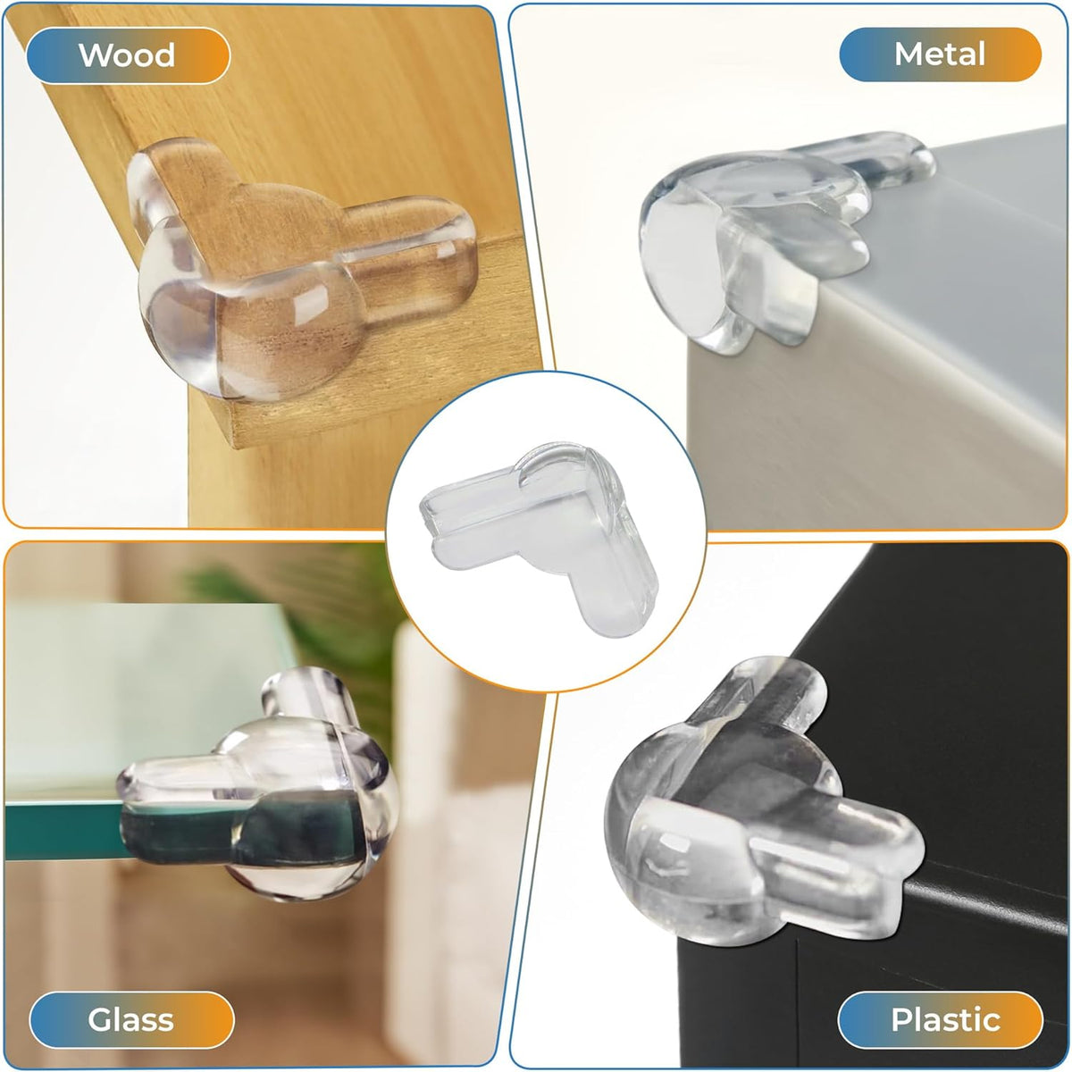 Clear corner protectors on various surfaces including wood, metal, glass, and plastic.