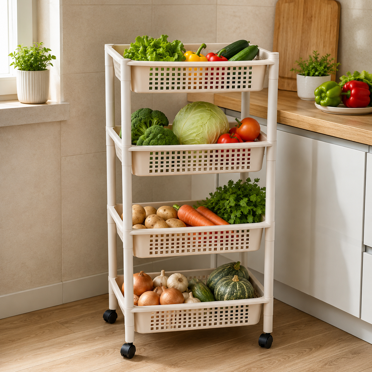 A 4-tier rolling storage cart filled with fresh vegetables, set in a bright kitchen environment.
