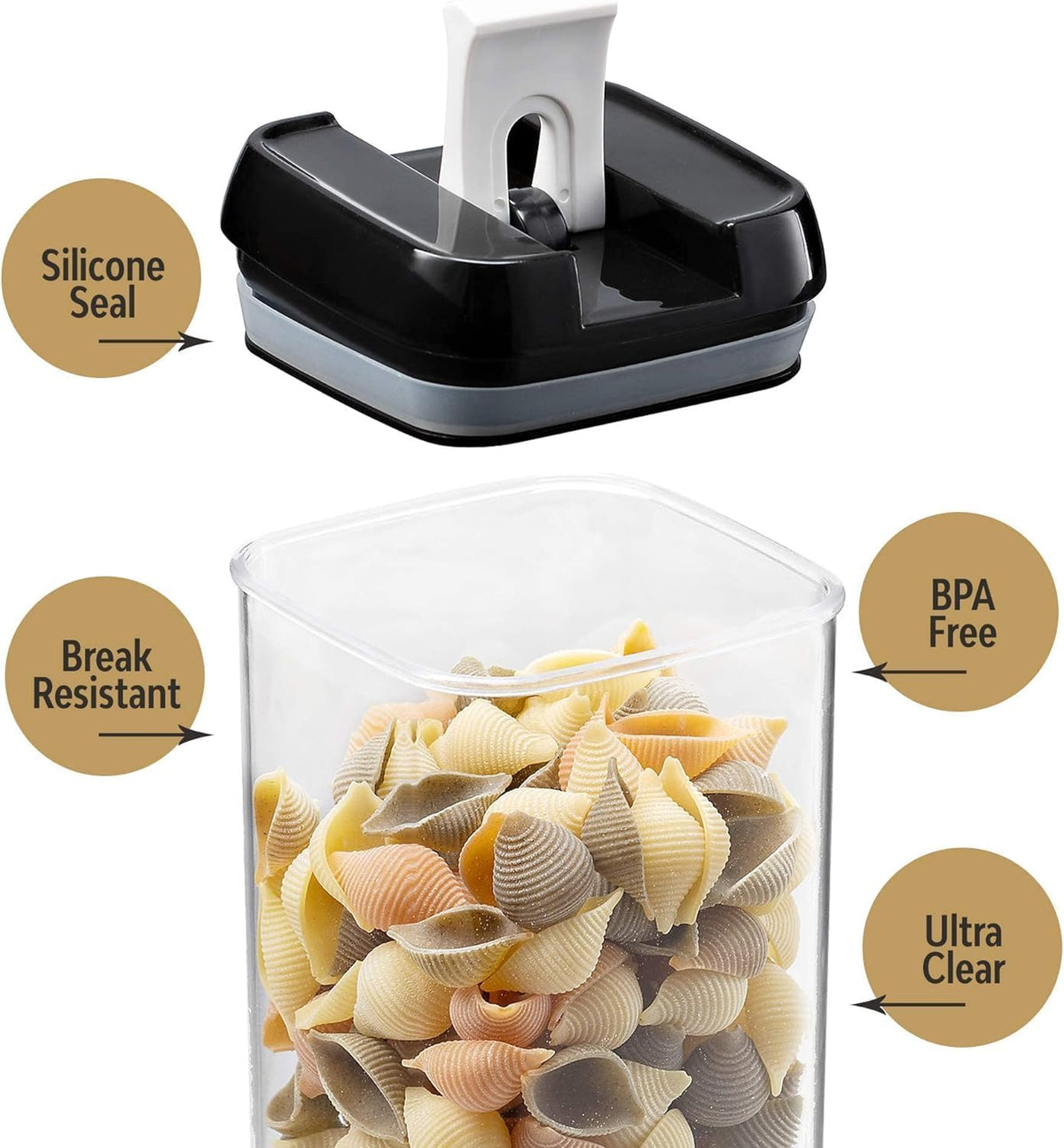 Container with pasta and features highlighted on a white background
