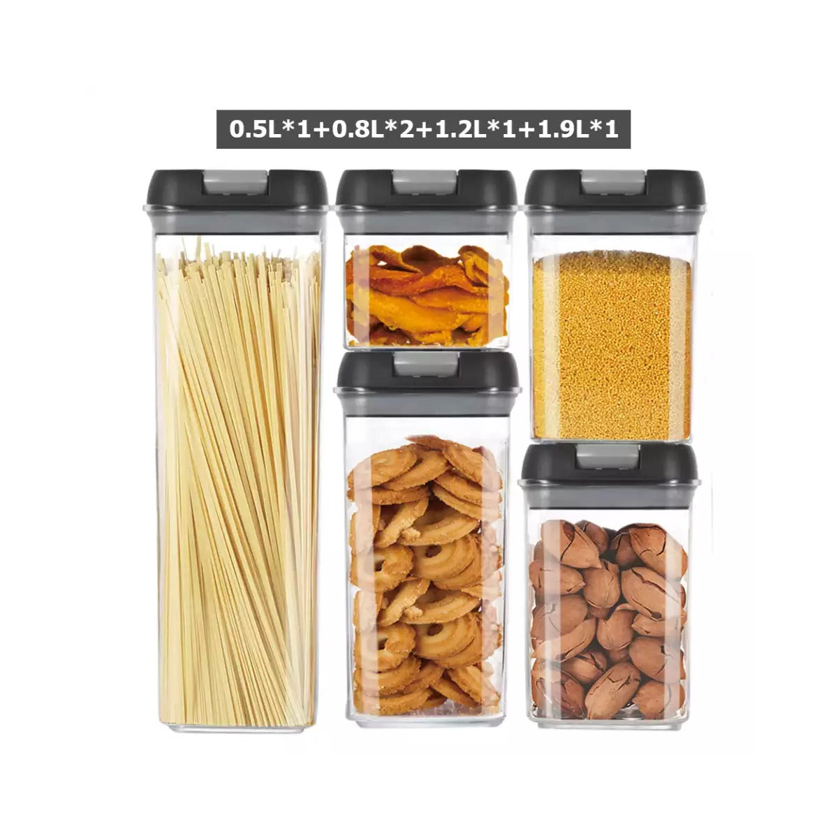 Set of five transparent storage containers with black lids, each filled with different food items.