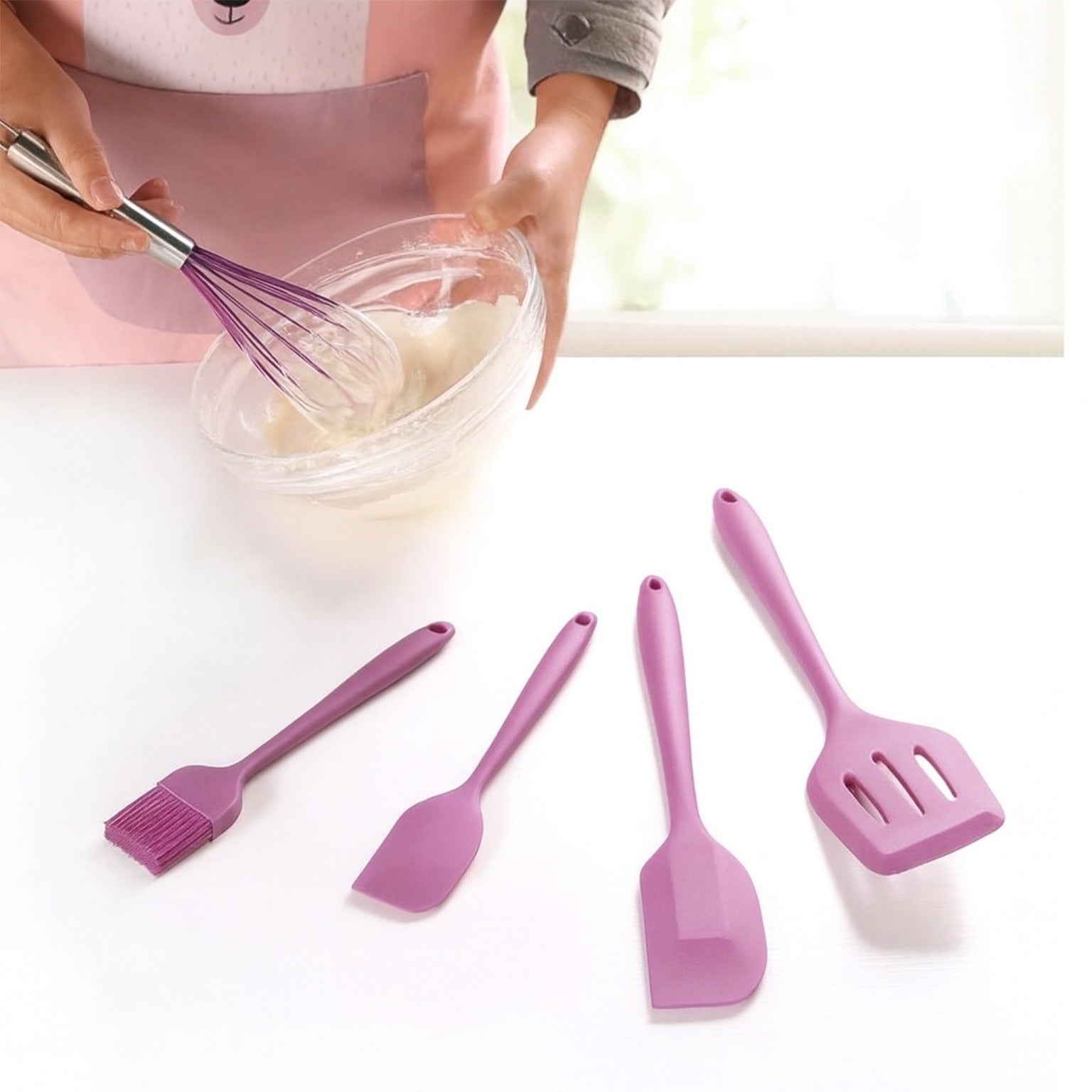 A Person is Baking Cake Batter Using 5-Piece Silicone Baking Utensil Set.