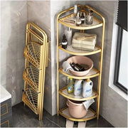 5-Tier Corner Storage Rack is Placed on the Corner Of The Bathroom With Laundry Items.