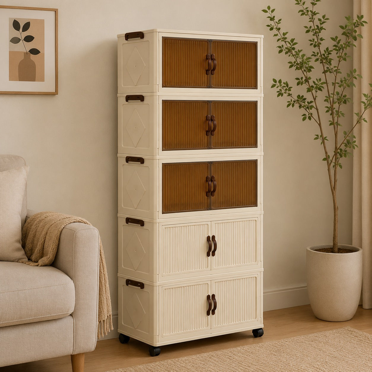 5-Tier Foldable Storage Cabinet in a living room setting.