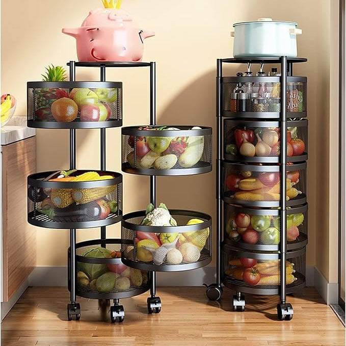 A 5- Tier Rotating Round Basket Shelf Rack Organized with Fruits and Vegetables.