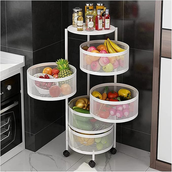 5- Tier Rotating Round Basket Shelf Rack with Fruits and Vegetables.