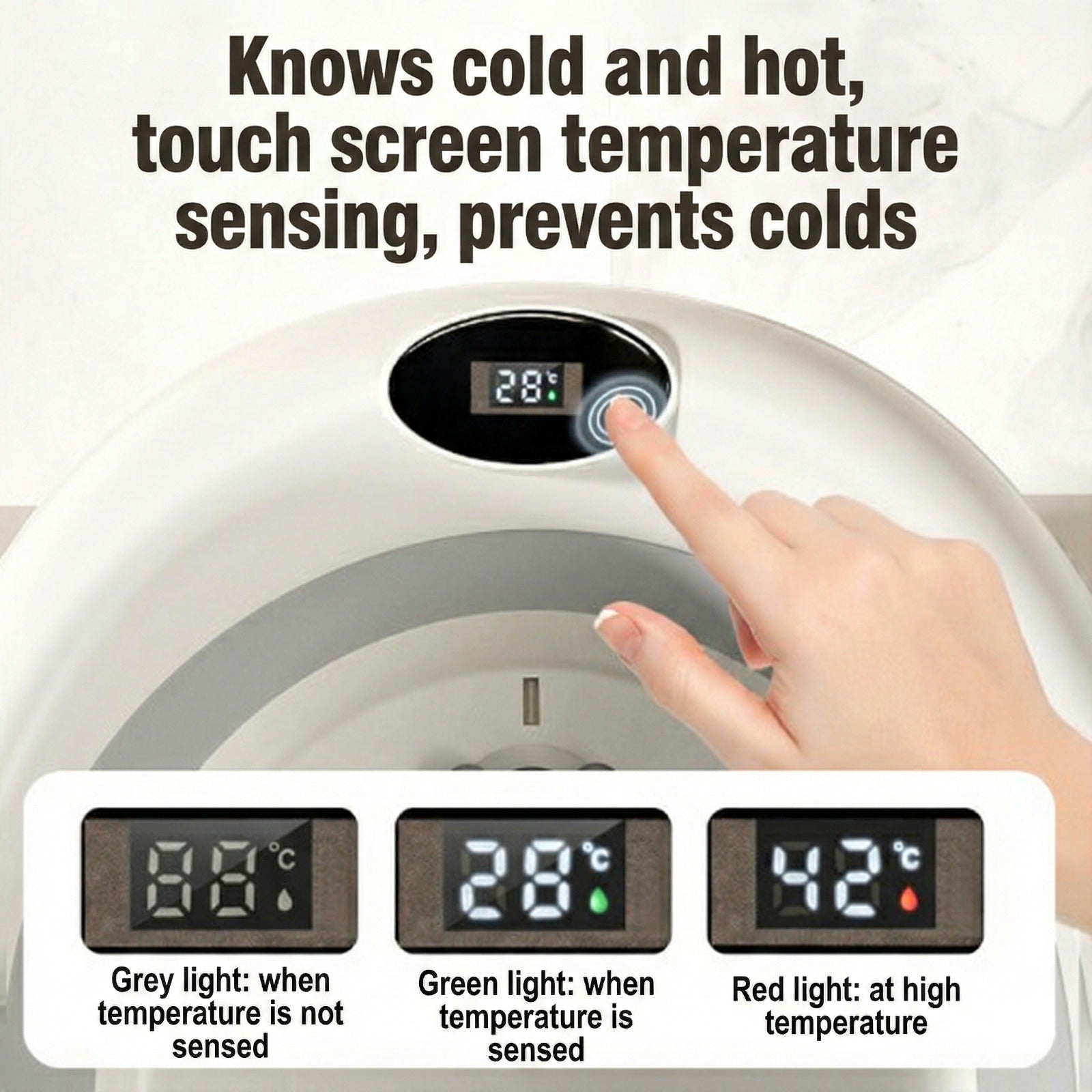 A Person is demonstrating the temperature display of 5-in-1  Baby Foldable Bathtub Set .