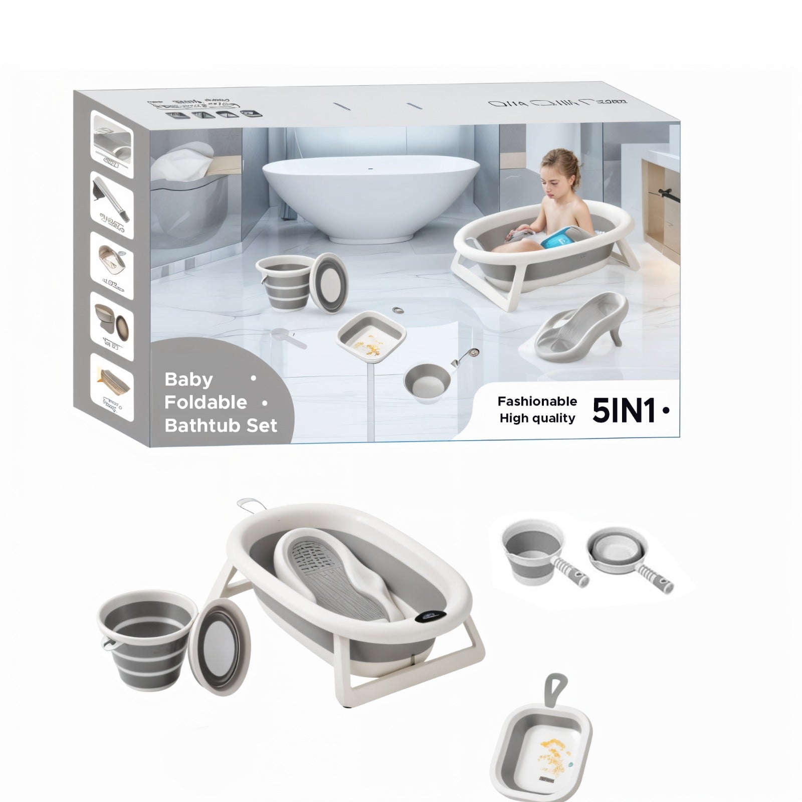 A 5-in-1  Baby Foldable Bathtub Set.