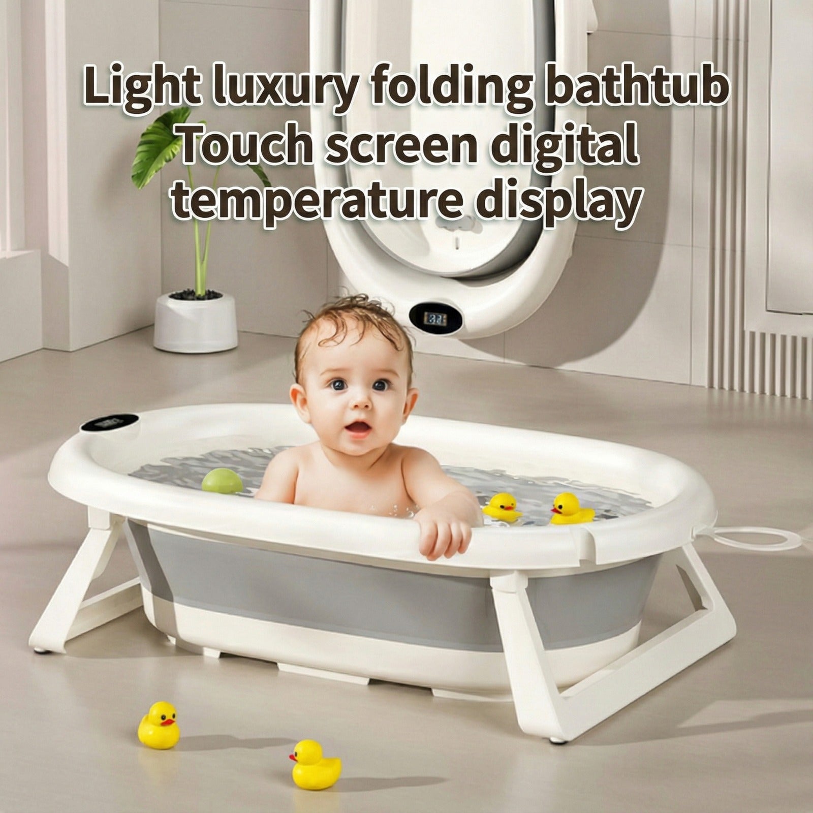 A Baby is Sitting in a 5-in-1  Baby Foldable Bathtub Set.