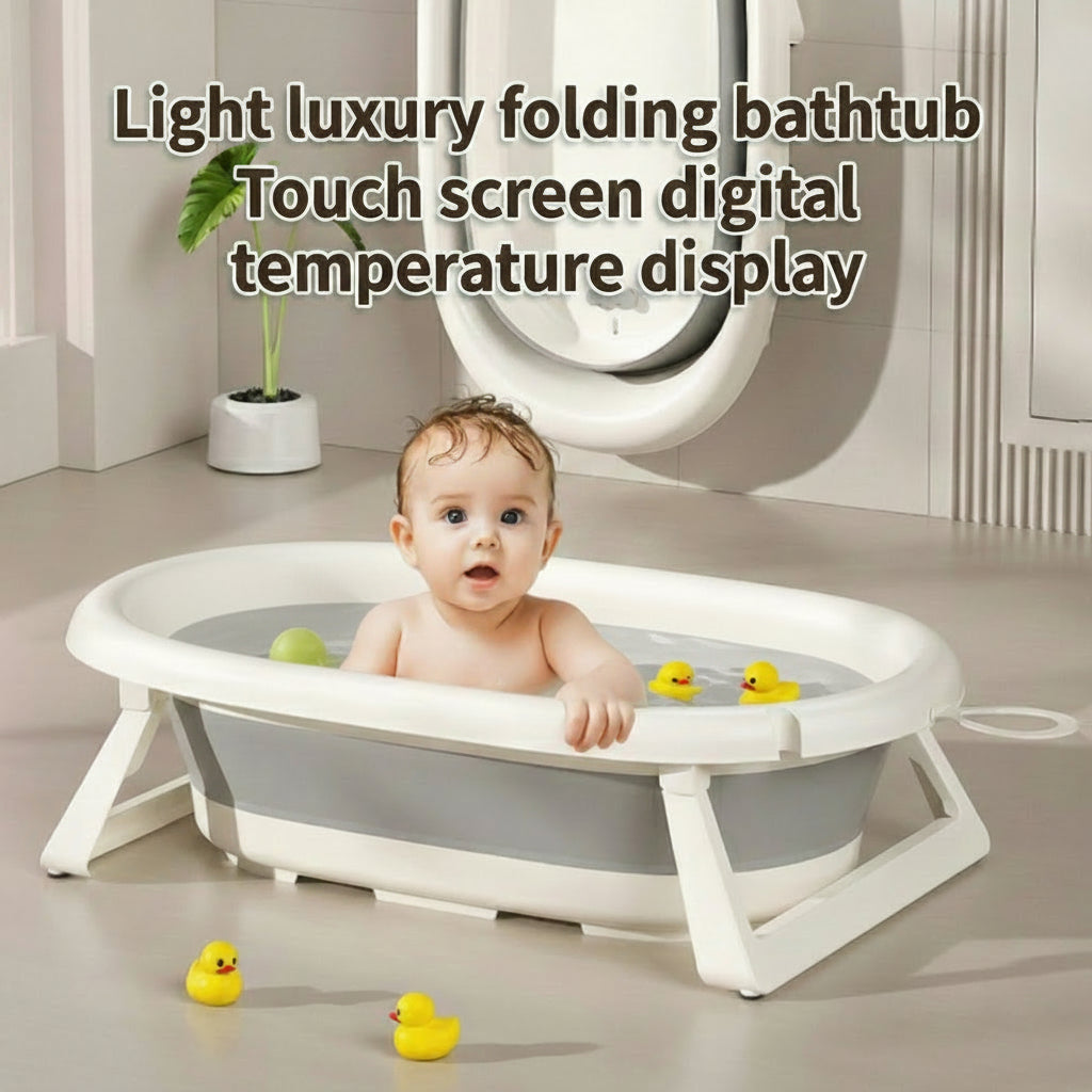 A Baby is Sitting in a 5-in-1  Baby Foldable Bathtub Set.
