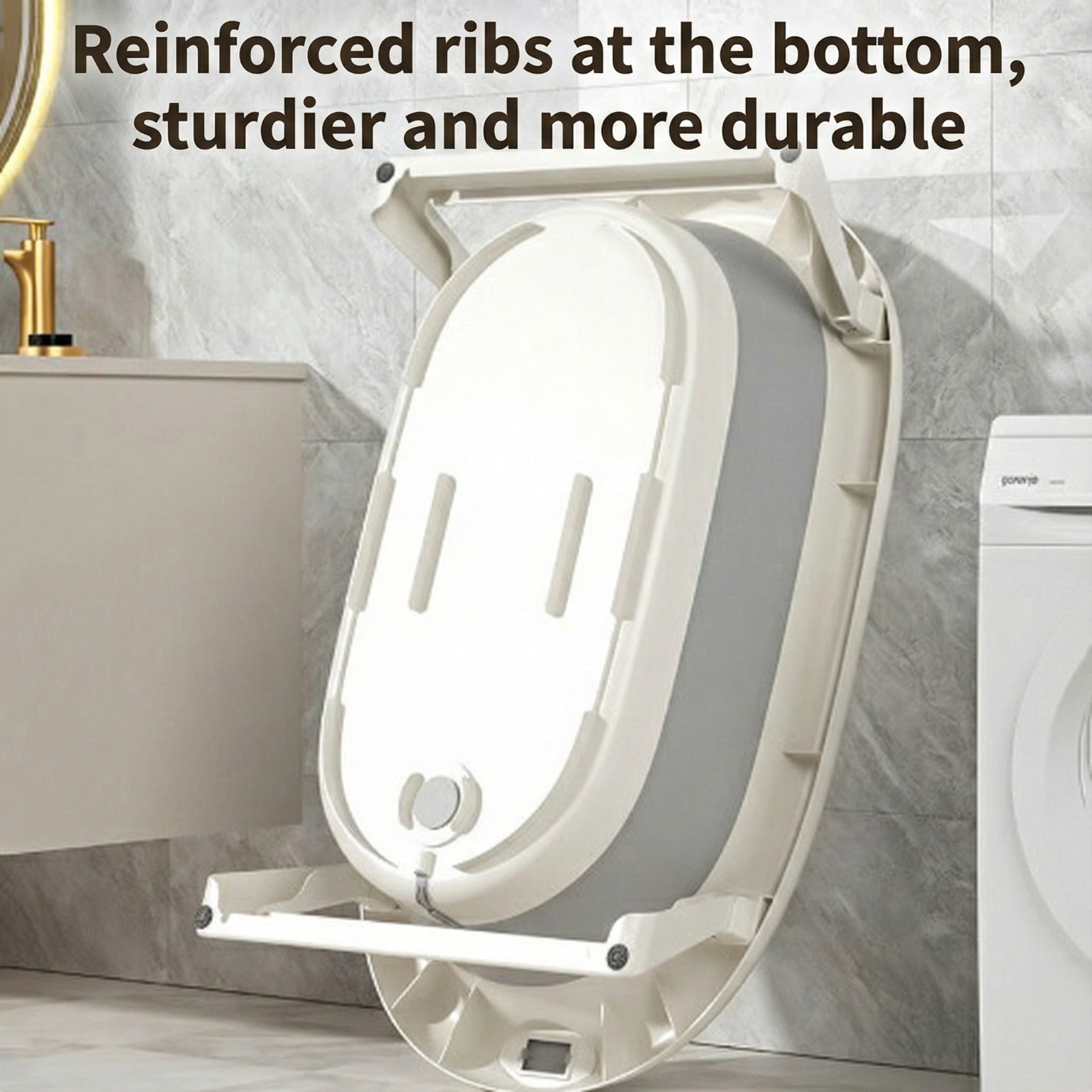 A Bathtub is folded against wall in a modern washroom.