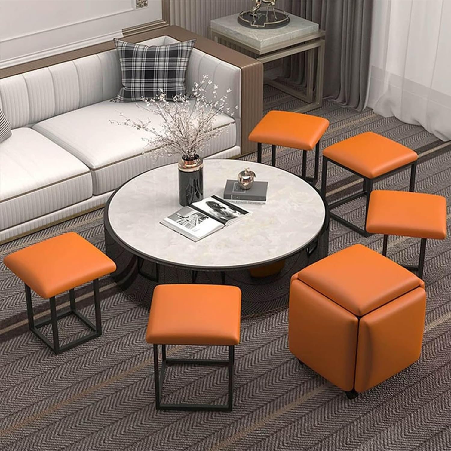 5-in-1 Nesting Ottoman Stools are Arranged in a Living Area.