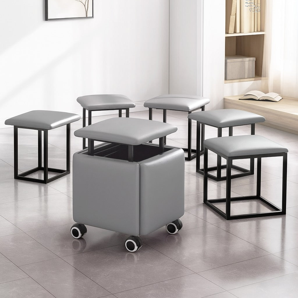 5-in-1 Nesting Ottoman Stools are Arranged in a Living Area.